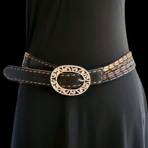 Y2K Brighton Black Brown Tan woven Leather Silver-Tone Filigree Buckle B20639